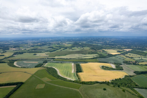 aerial view of grass land, countryside of Watership Down, Newbury, England Summer