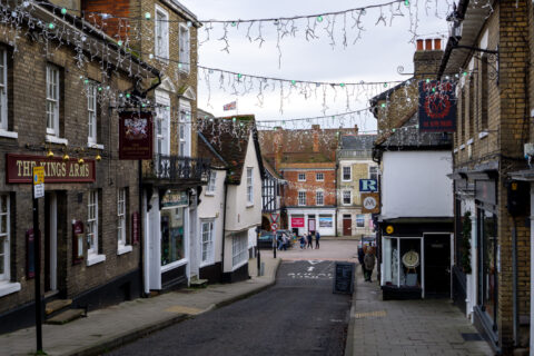 Street scene in Saffron Walden, Essex, England.